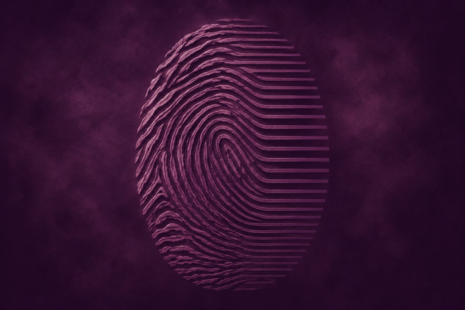Ilustração de uma impressão digital em tons de roxo, com linhas orgânicas de um lado que se transformam em linhas retas e repetitivas do outro
